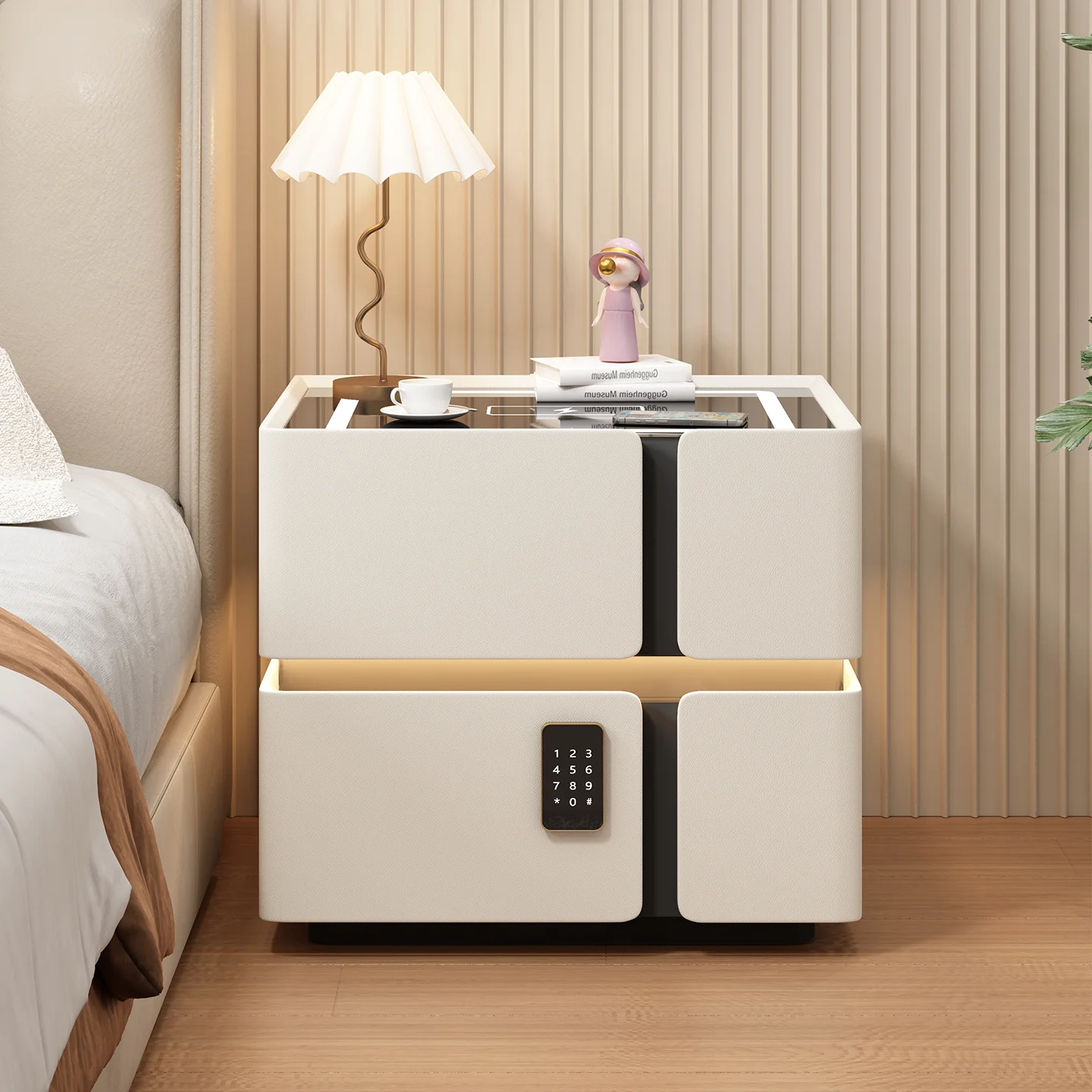 Modern Light Luxury Bedroom Bedside Table with Intelligent USB Port, Wireless Charging, Fingerprint Lock, Tri Color Lighting