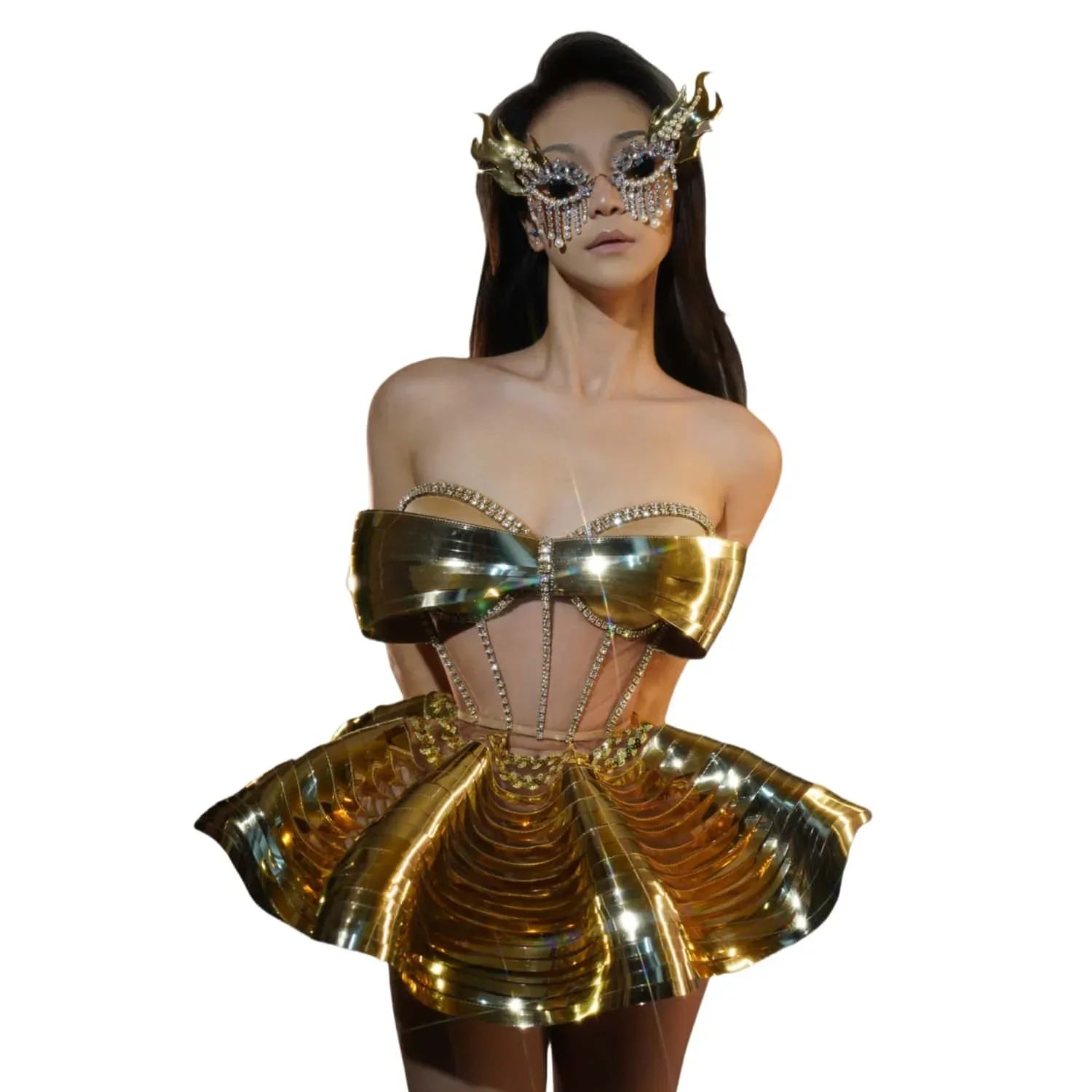 Women Sexy Top and Skirt Stage 2-Piece Outfit Sets Dancer Performance Clothes Designer Gold Sequins Party Club Costumes