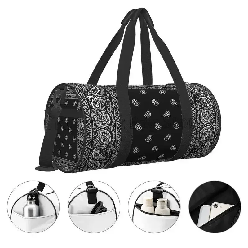 다채로운 페이즐리 블랙 두건 테두리 스카프 화이트 스포츠 체육관 가방 커플 대용량 피트니스 가방 휴대용 수하물 핸드백