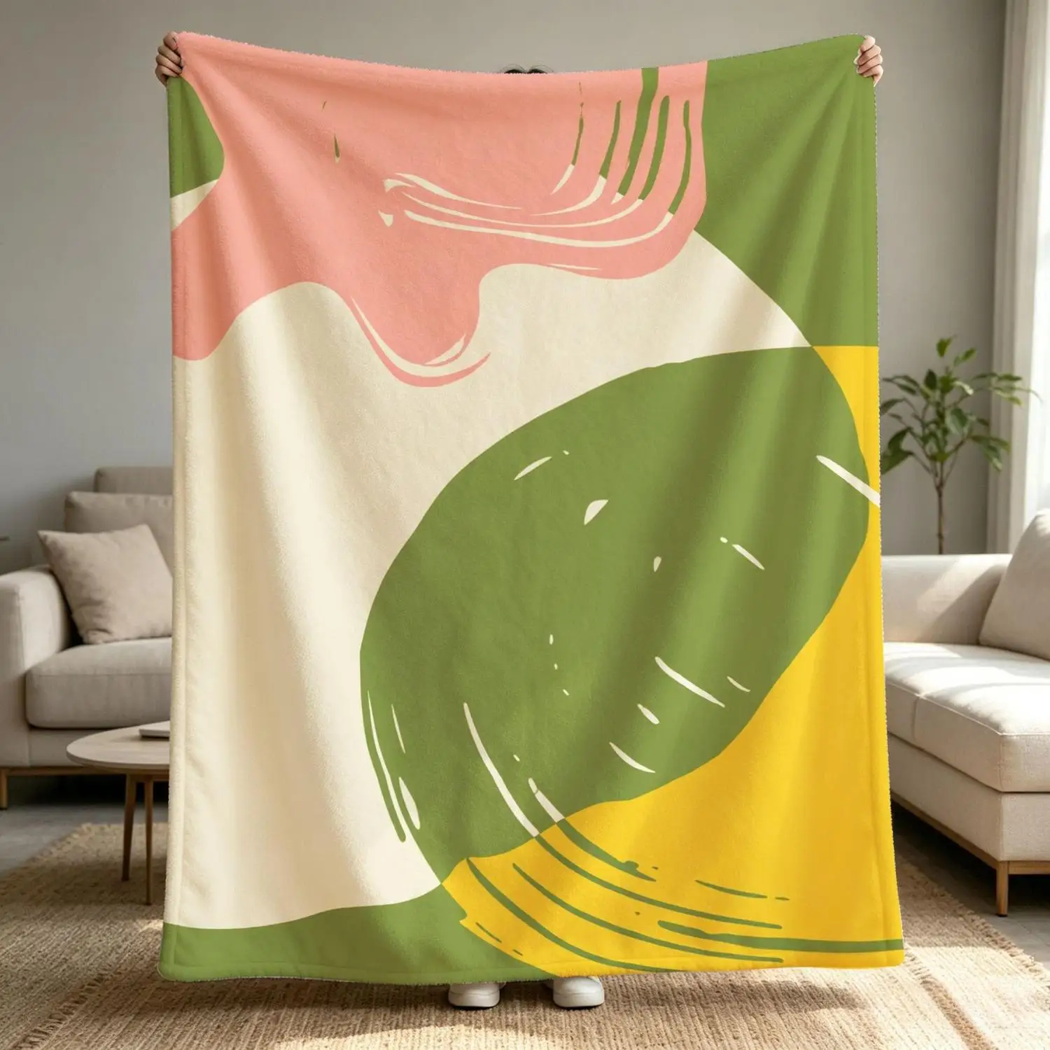 [Flannel Blanket] Modern Abstract Color-Blocking Pattern Blanket, Living Room Home Decoration, Gift for Art Enthusiasts.