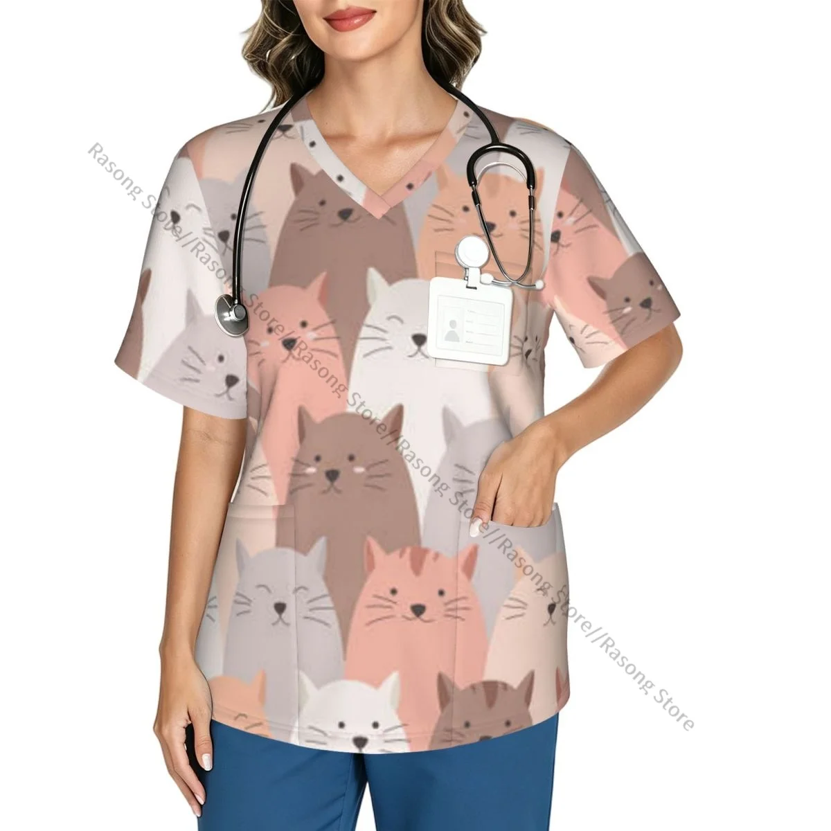 Women's Medical Scrub Top V Neck Short Sleeve Cute Faces Of Cats With Mustaches Stretch Nursing Uniform for Hospital Clinic