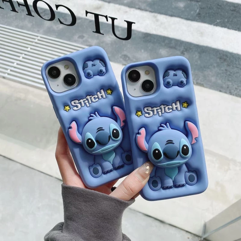 For iPhone 14 Plus 15 Pro Max 11 12 Pro 13 Pro X XS Max XR SE 7 8 Plus Cute Stitch Head Grip Tok Holder Silicon Soft Phone Case