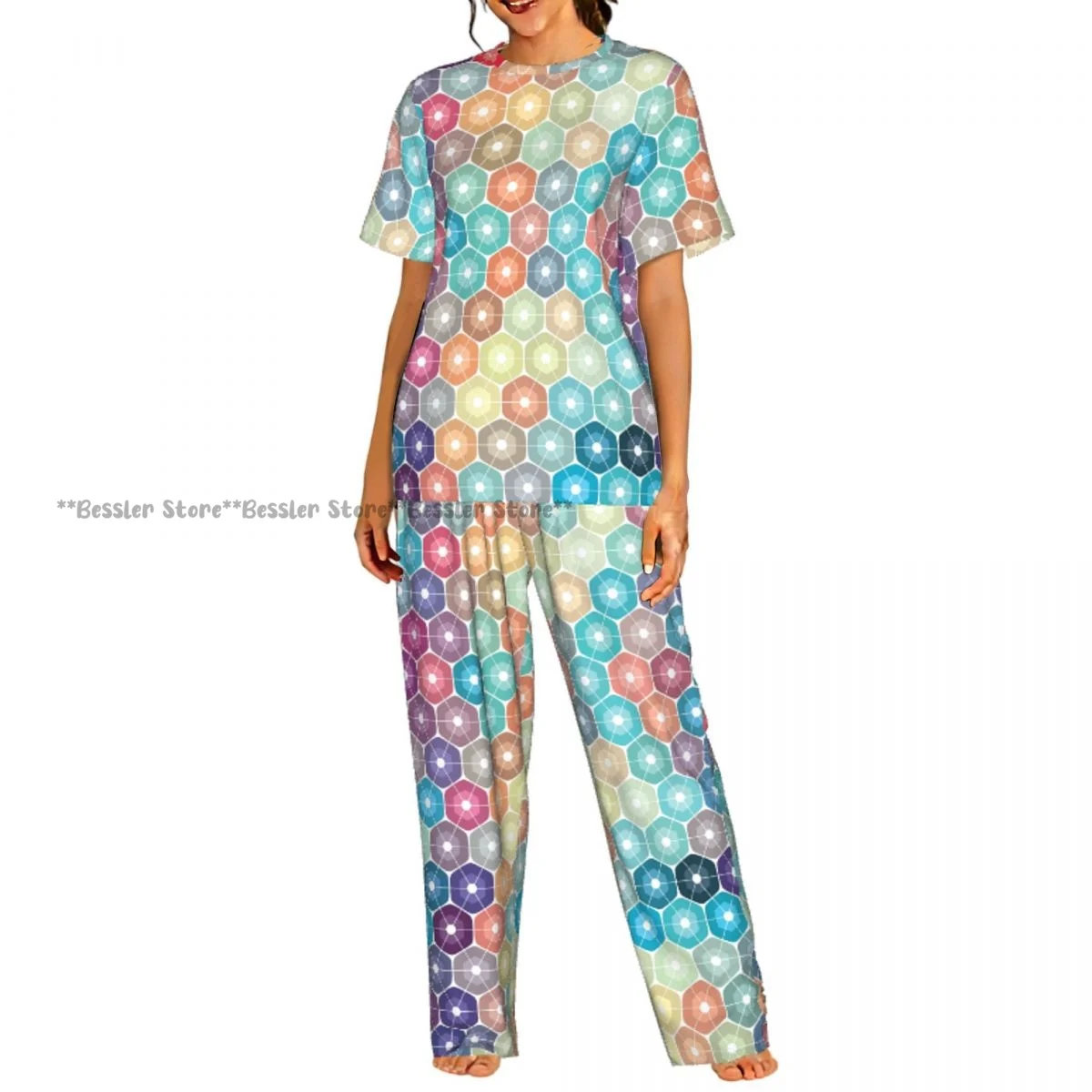 Women's Colorful Mosaic Geometric Abstract Background short sleeve trousers casual pajamas set