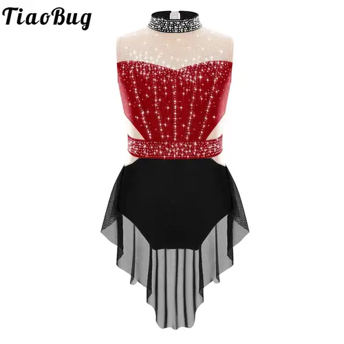 Disfraz de patinaje artístico para niña, leotardo de gimnasia, Jersey de Ballet sin mangas, falda de malla con diamantes de imitación, mono, vestido de baile lírico