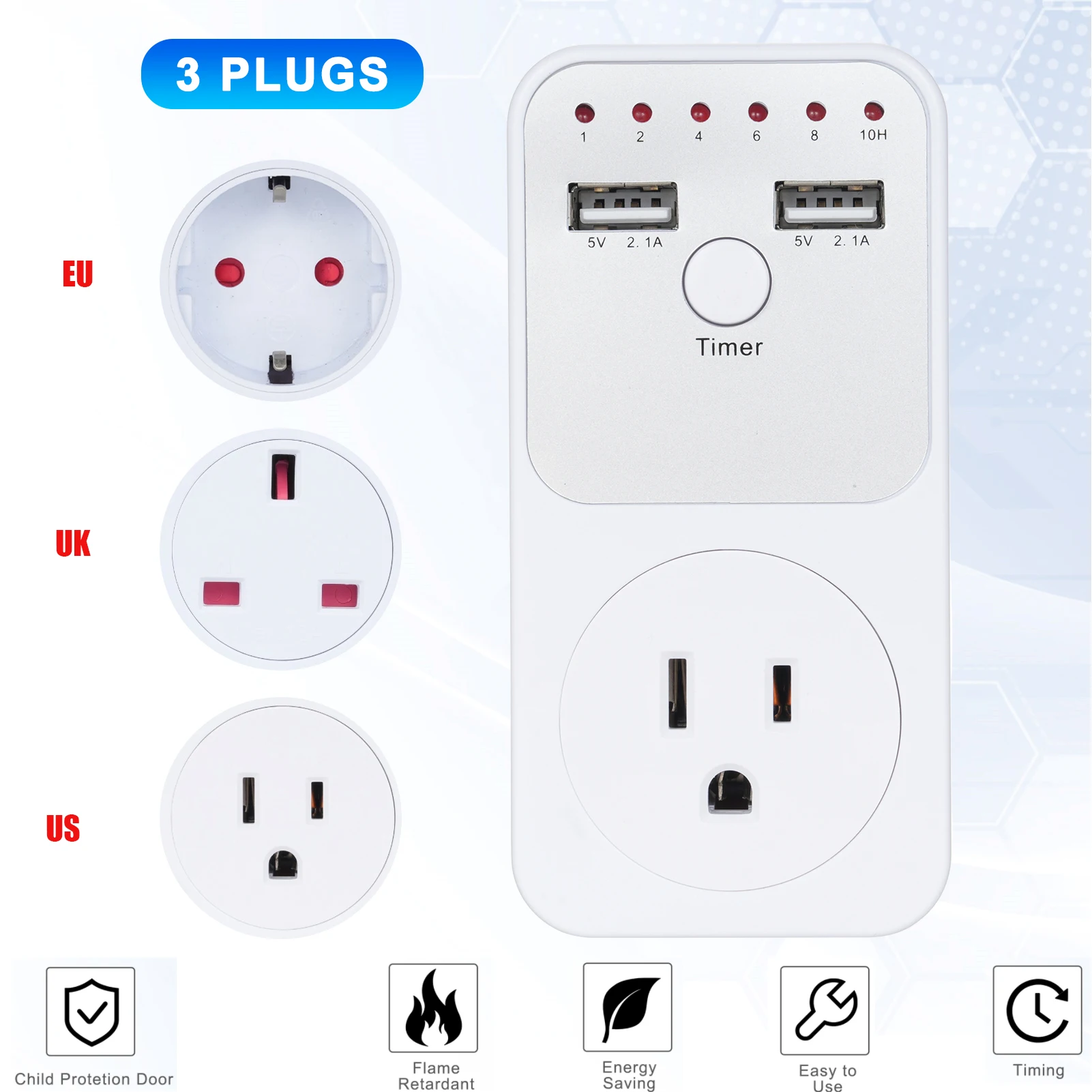 

Электронный таймер, 6-часовой программируемый обратный отсчет, интеллектуальная розетка с таймером, USB-интерфейс, вилка стандарта ЕС, США, Великобритании, 3680 Вт