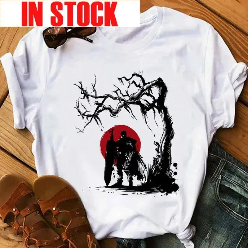 Japońskie Anime Berserk wydruk graficzny T Shirt codzienna moda Vintage wycięcie pod szyją krótki rękaw Plus rozmiar T Shirt kobiet