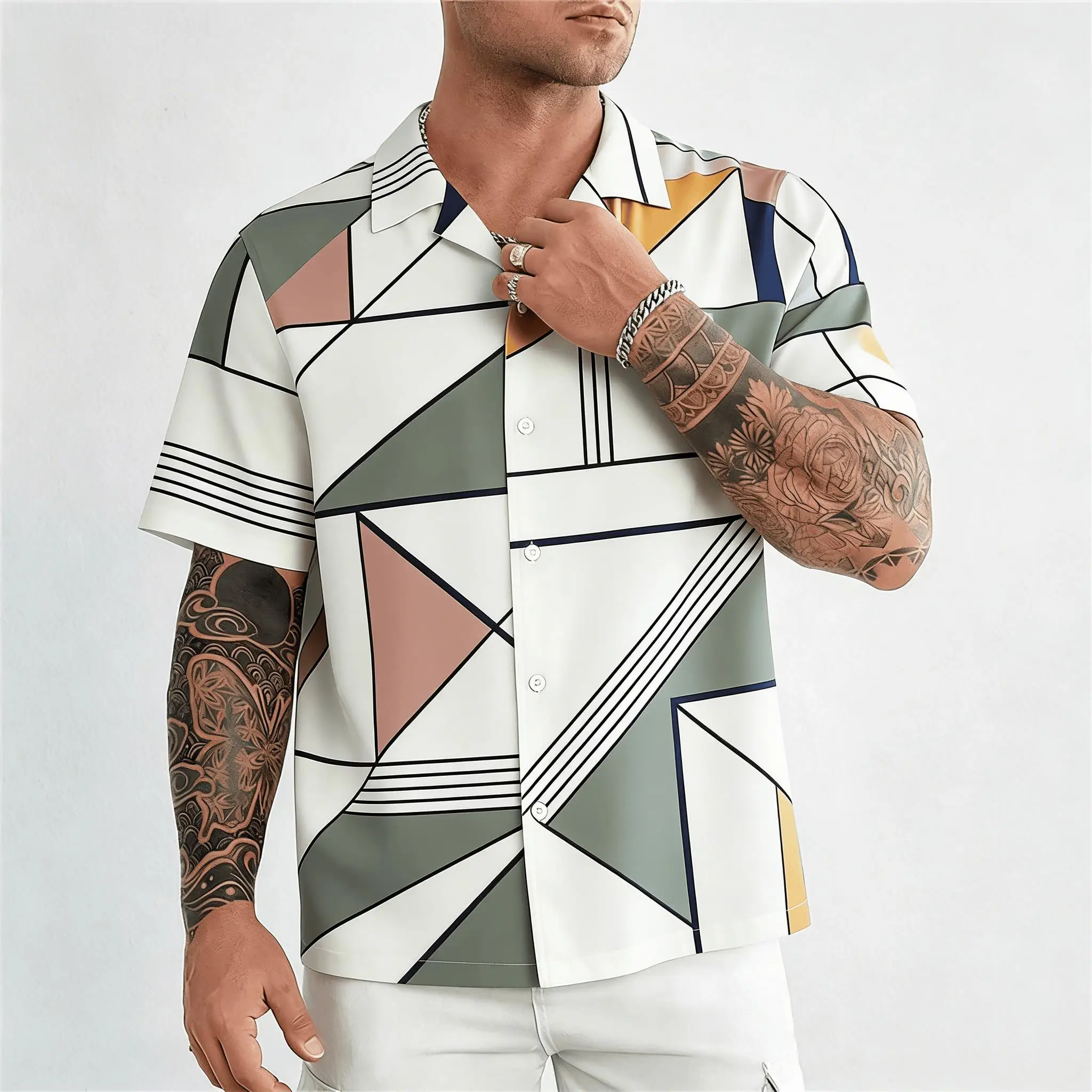 

Men's White Morandi Geometric Color Block Short Sleeve Shirt, Spring Summer Minimal Modern Casual Top, Pocket Lapel Style