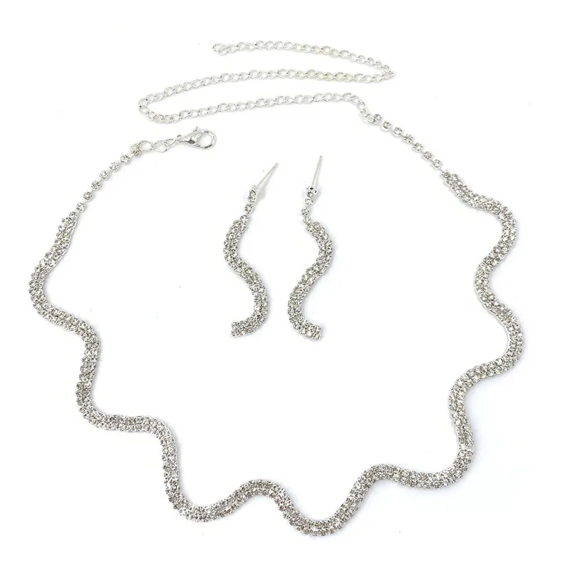 Sexy Wave Bridal Choker Jewelry Set Silver Plated Rhinestone Crystal Necklace Earrings Women Wedding Jewerlry Set