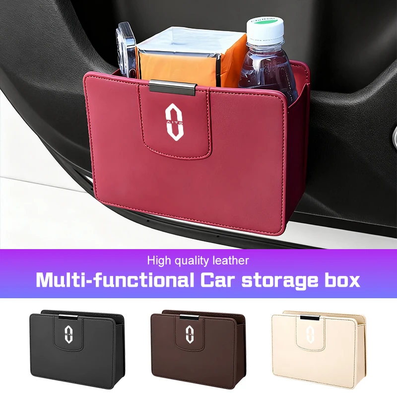 

For AITO M5 M7 M9 SERES 5 7 9 Car Hanging Trash Can Leather Car Door Phone Cup key Storage Box Garbage Bag Organizer Accessories
