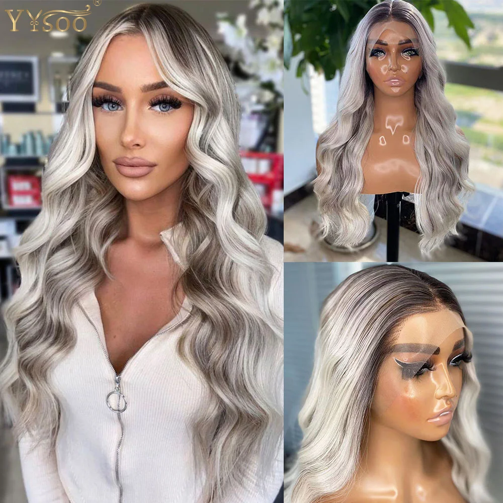 YYsoo Long Pre Plucked Hairline13x4 Futura Synthetic Lace Front Wigs For Women 4T60H6M103 Water Wave Ombre Highlights Hair Wig