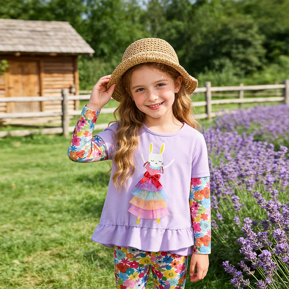Mädchen 3D Hasen-Blumendruck Langarm Baumwoll-Freizeitshirt und Leggings 2-teiliges Outfit Kinder Lavendel Weiche Kleidungssets – Detail 3