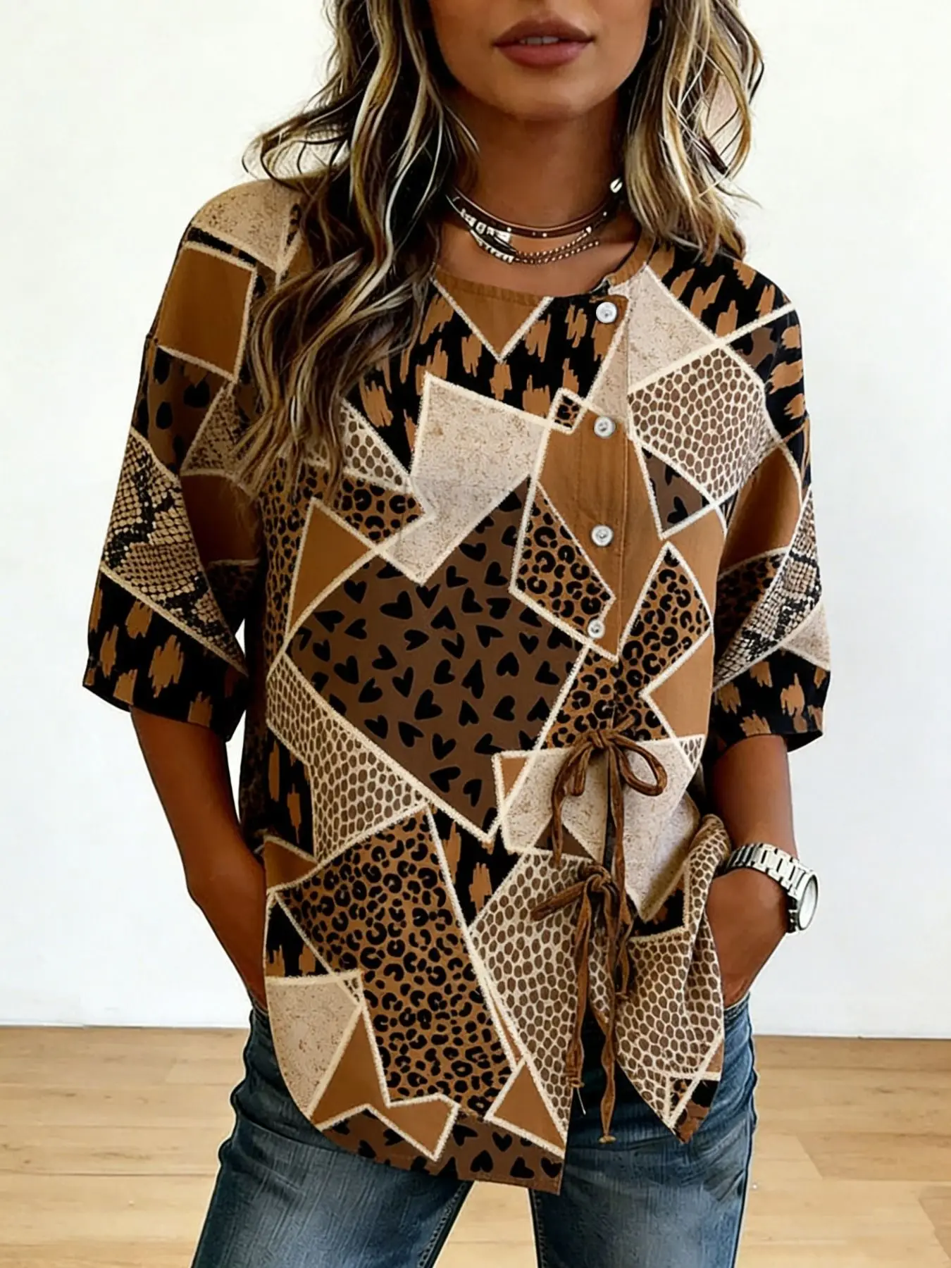 Women's Spring Summer 3D Printed Button Front Drawstring Retro Blouse, Brown Leopard Snake Heart Geometric Patchwork Top