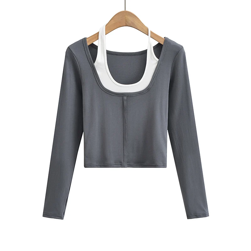 Long sleeve crop top korean fashion fall outfits women sexy tshirts for women fashion kawaii black t shirt woman halter top pink