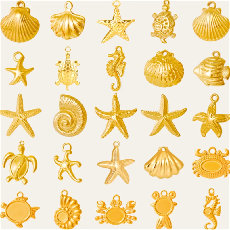 7pcs High Quality Stainless Steel Marine Animal Crab Ocean Fish Conch Real Gold Plated Pendant Shell Starfish Charms Pendants