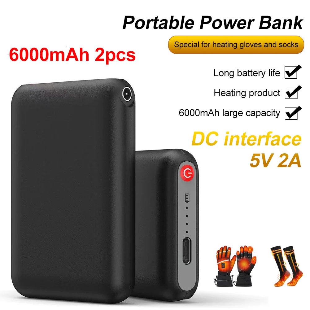 2Pcs Mini Power Bank 5V/2A DC Output Charger External Battery Pack 6000mAh Power Bank For Heating Gloves Socks Shoes Underwear