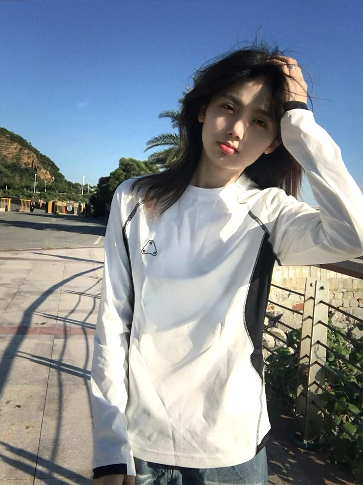 

Женская футболка American Sle Splice Color Contrast Stitching Long Sve, весенне-осенний утягивающий повседневный базовый топ