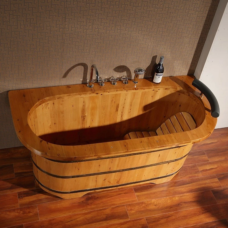 دلو حمام خشبي من خشب الأرز، دلو حمام، حوض استحمام من الخشب الصلب للبالغين مع صنبور