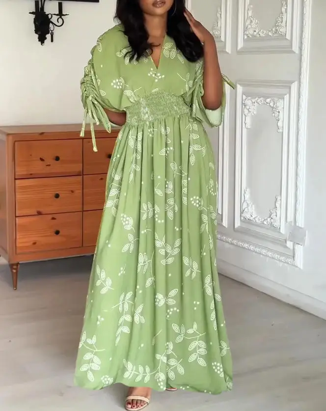 

Plants Print Overlap V-Neck Drawstring Sleeve Shirred Waist Maxi Dress Casual Cinched Waist Zipper Back Vacation Dress
