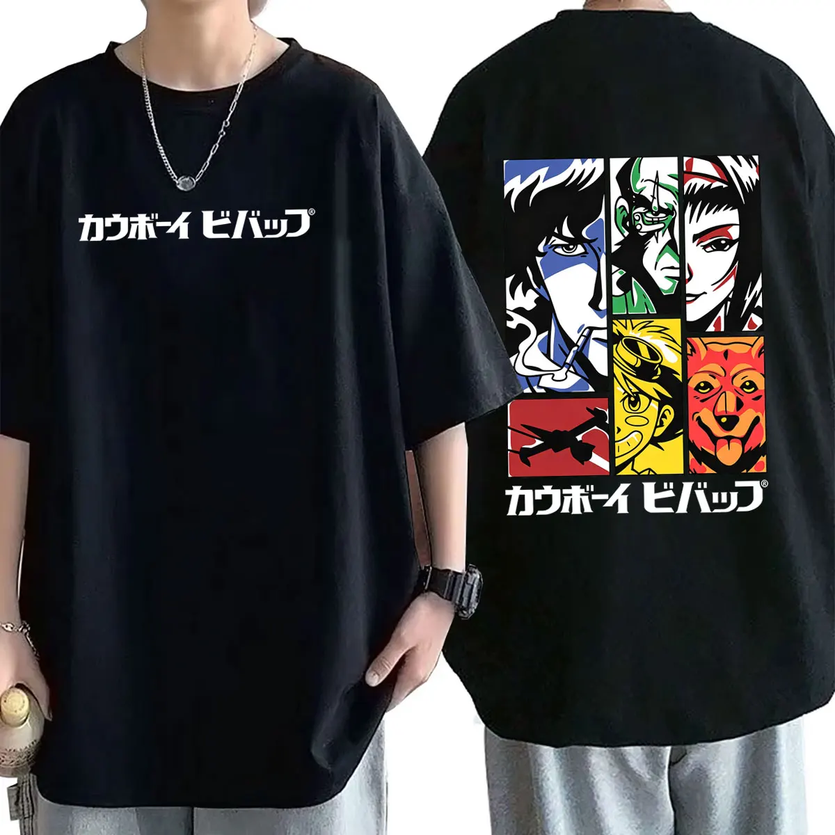 Anime Cowboy Bebop Jet Black Faye Valentine Ein Spike Spiegel Face Graphic T-shirt Men Women Manga Casual Soft Cotton T Shirts