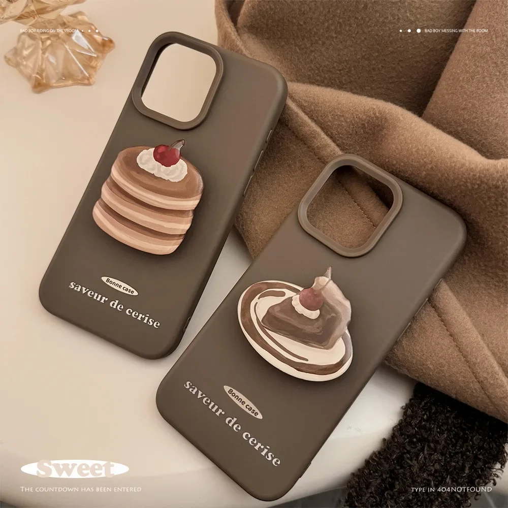 Retro Chocolate Cherry Cake Dessert Oil Painting Bracket shell Phone Case For iPhone 16 15 14 13 12 Pro Max Case Cartoon Cover