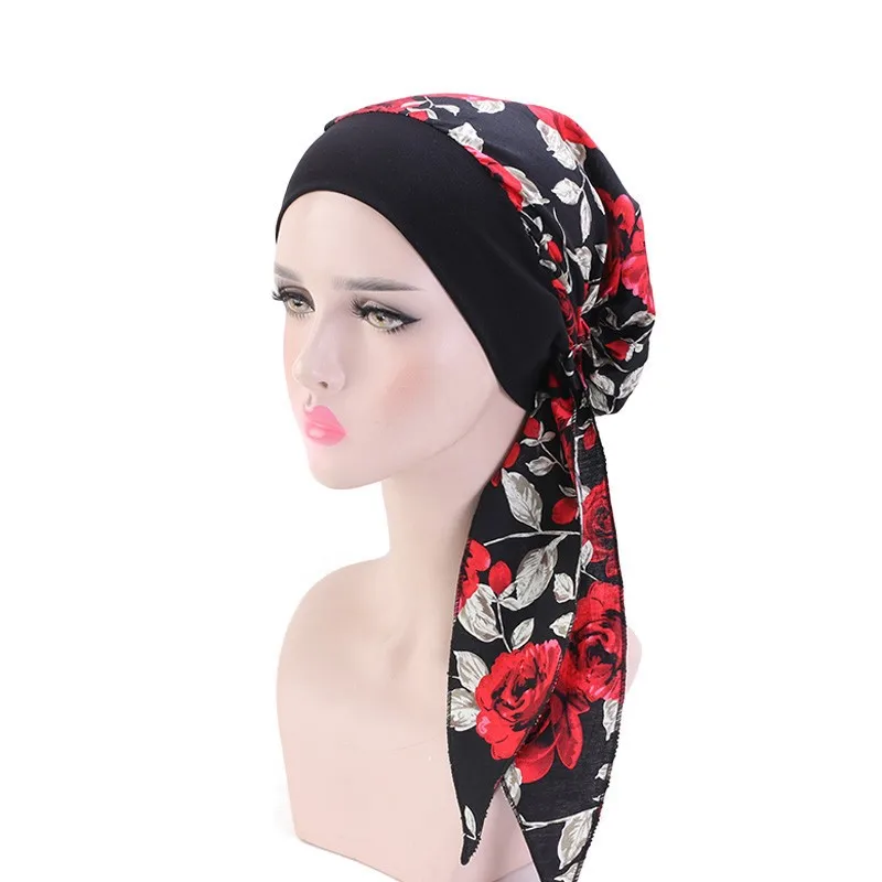 Women Printed Pre-Tied Turban Cap Long Tail Headscarf Strechy Bandana Muslim Hijab Inner Caps Hair Loss Cover Beanies Bonnet