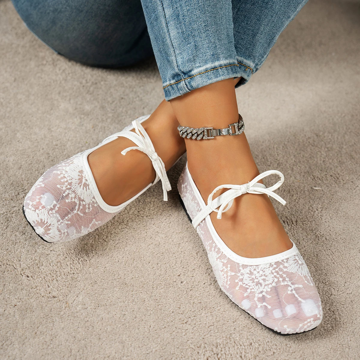 

Square-toe Ballet-style Mesh shoes French-style Temperament Slip On Comfort Street style Soft Sole Female fashion Flat