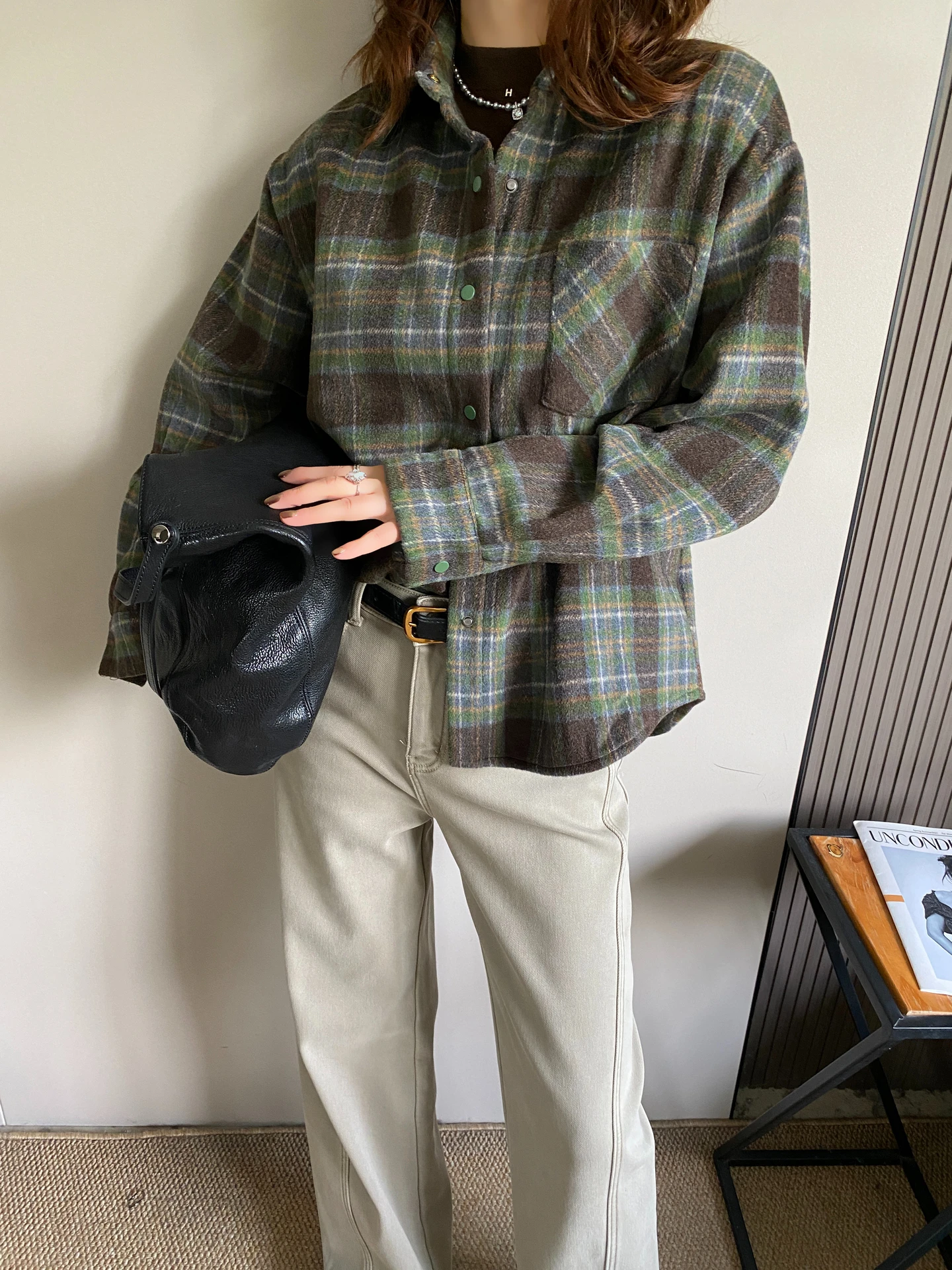 

Casual Plaid Woolen irt Women's Loose Long Sve Spring New Sle Lazy Faion Outerwear Top Button ket Breathable Skin...