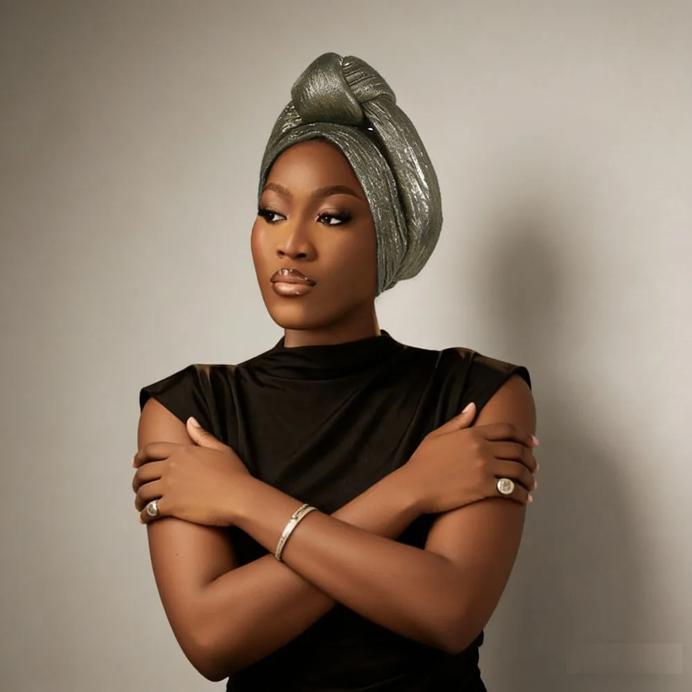 

2025 Glitter Knoted Head Wraps African Auto Gele Nigeria Wedding Headtie Party Headwear Muslim Hat Fashion Women's Turban Cap