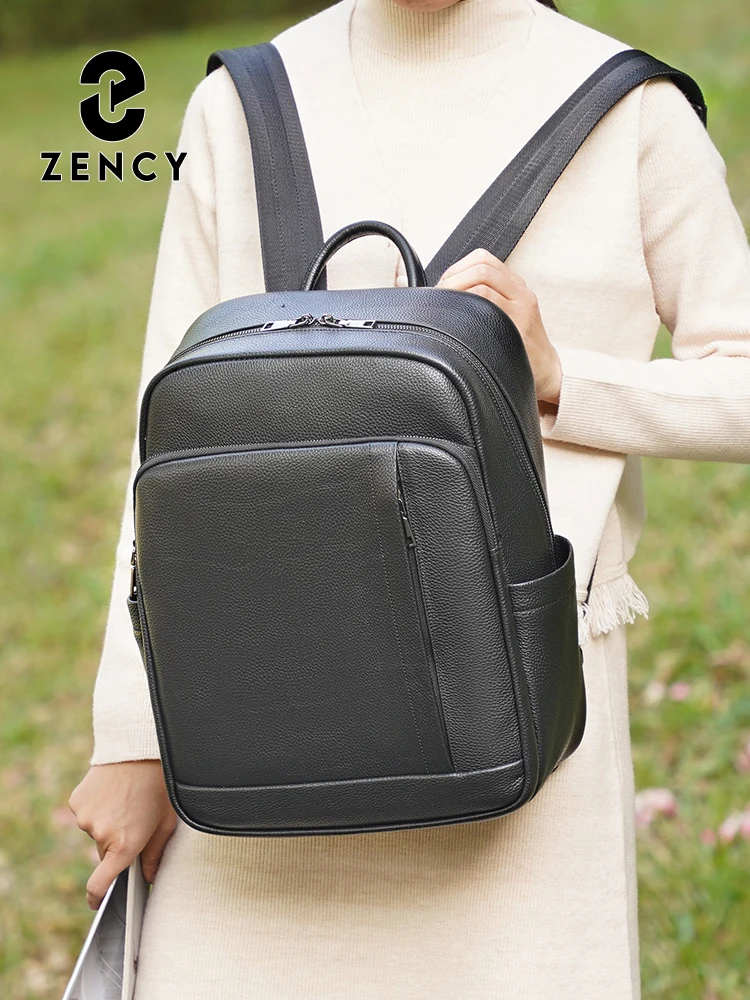 Zency Genuine Leather Women Backpack Multi-pocket Rucksack Large Pocket Fit 15inch Laptop