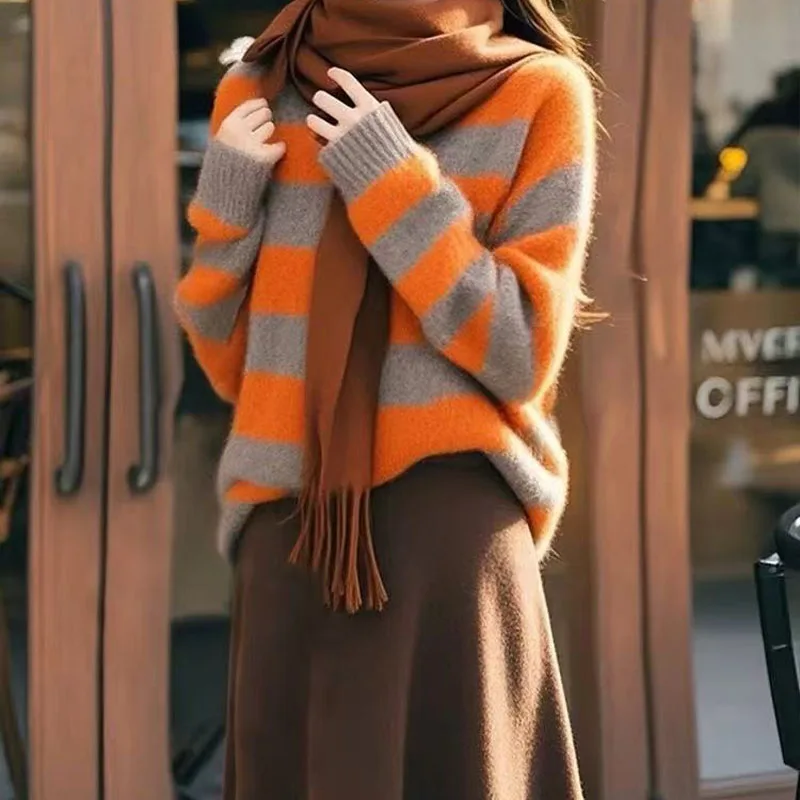 Autumn Winter New Striped Knitted Thick Sweaters Fashion Commute Loose Warm Top Women Clothing Vintage Soft Wool Pullovers