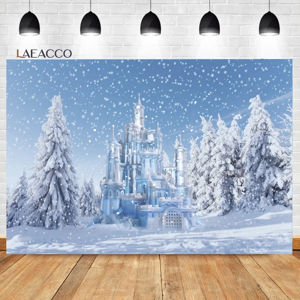 Laeacco Winter Castle Photography Backdrop Blue Ice Forest Wonderland Snow Mountian Pine Tree Kids Birthday Portrait Background