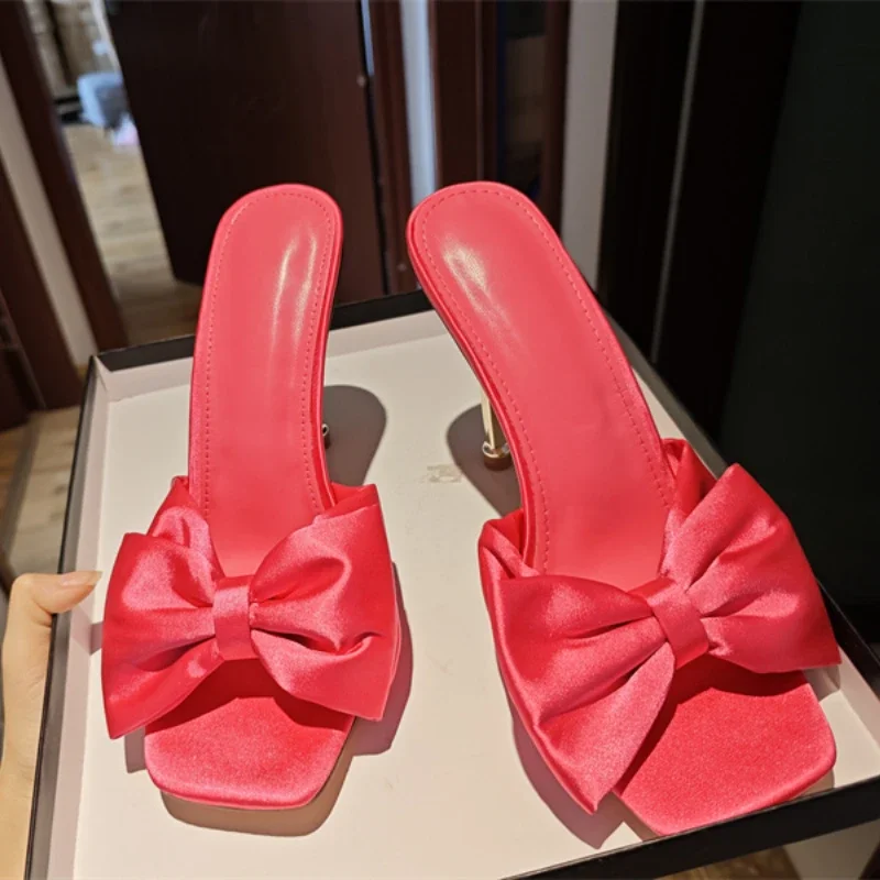 2024 Rose Satin Big Bow Slippers Square Head 11cm Metal Thin Heel Birthday Party Sandals Open Toe Beach Holiday Slippers 35-43