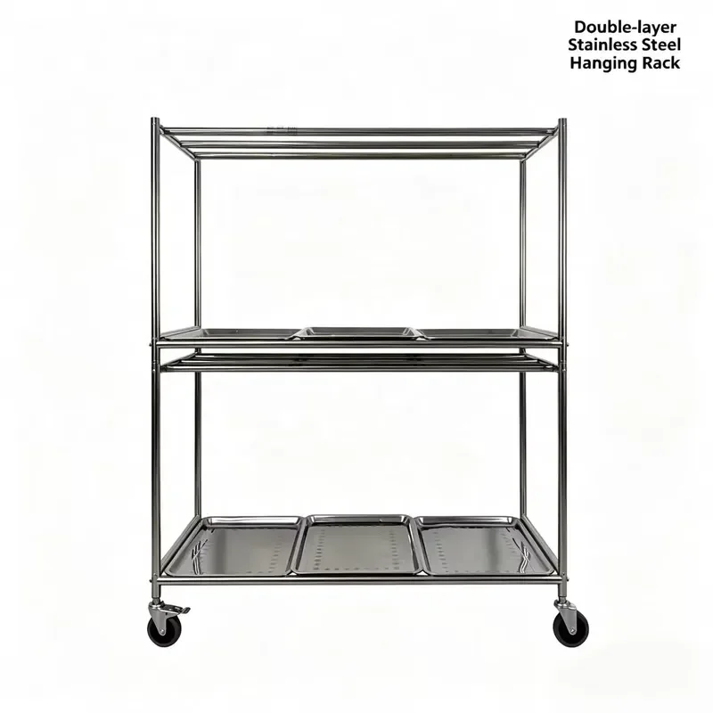 304 Stainless Steel Mobile Meat Cart with Drip Tray 2 Layer Hanging Rack for Kitchen Restaurant Roast Duck Shop Commercial