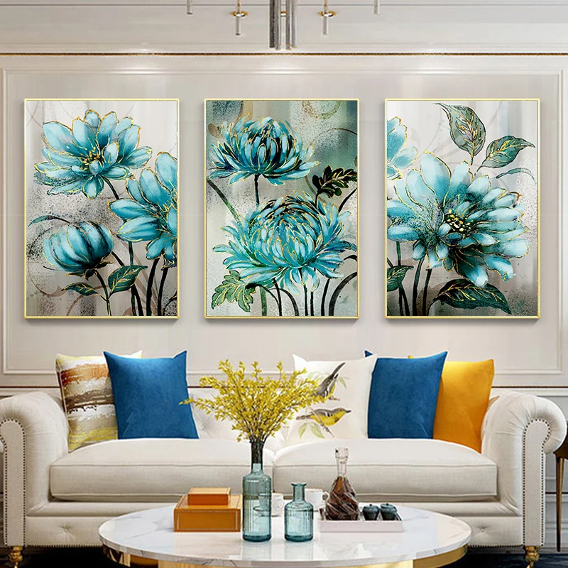

3Pcs/Set Blue Flowers Gold Lace Art Wall Print Vintage Plant Canvas Poster Modern Living Room Office Decor Home Decor Frameless