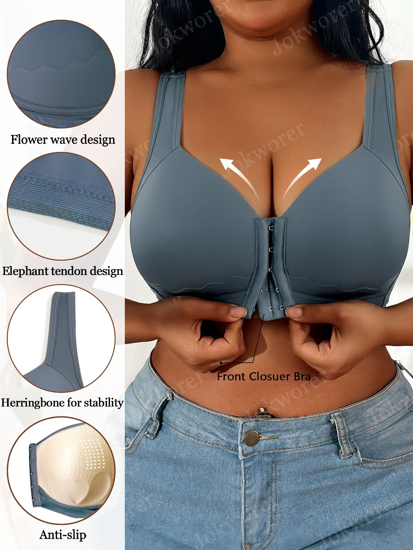 1 Piece Women Solid Color Plus Size Front Closure Bra, Shell Pattern Splicing Decoration, Anti-slip Adjustable Wide Straps