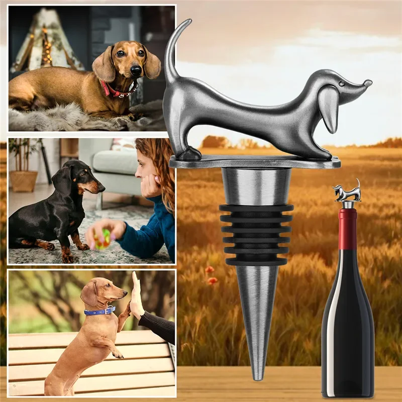 Vintage Lovely Dachshund Wine Stopper Sausage Dog Metal Bottle Stoppers for Kitchen Club Party Wedding Barware Gift Set