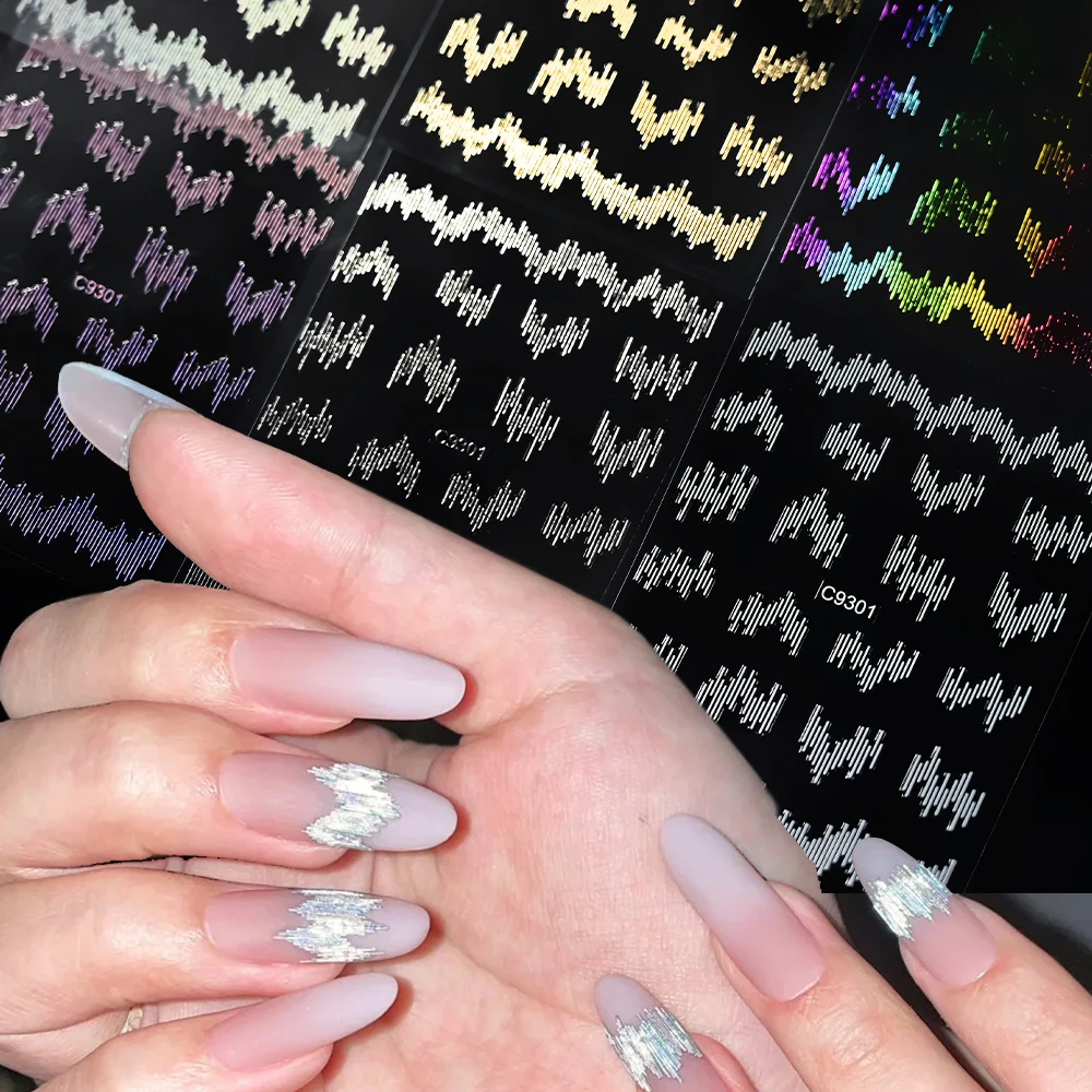 High Gloss Aurora Onda Linhas Nail Art Etiqueta, 3D Embossed Linha Nail Slider, Laser Slider, ouro, prata, reflexivo, 1 pc, 6pcs