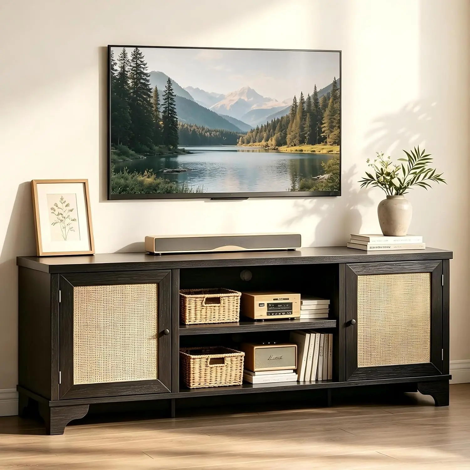 Rattan TV Stand Entertainment Center Console Cabinet with Storage Shelf for 55 65 Inch Living Room, Customized