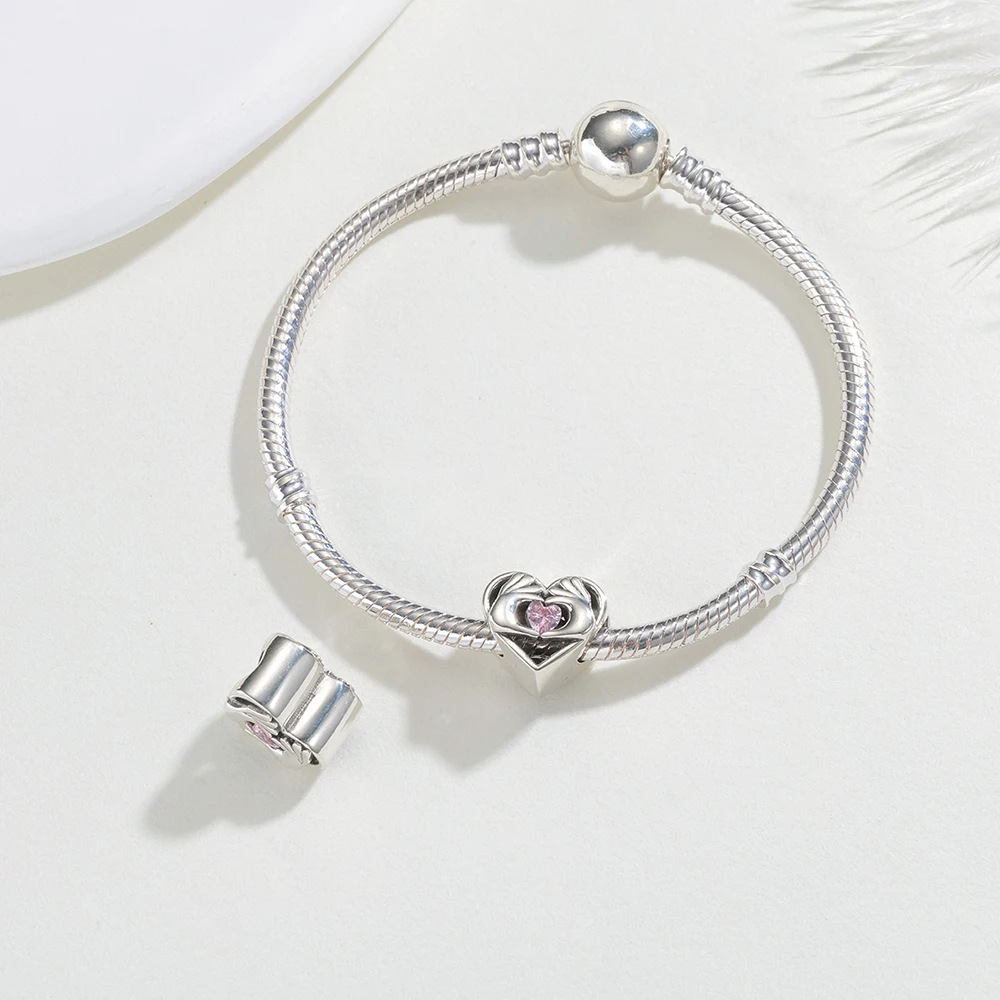 925 Sterling Silver Charm Love Beaded Double Hand Heart Charm Jewelry Making Original Bracelet Lady Lover Fashion Jewelry Gift