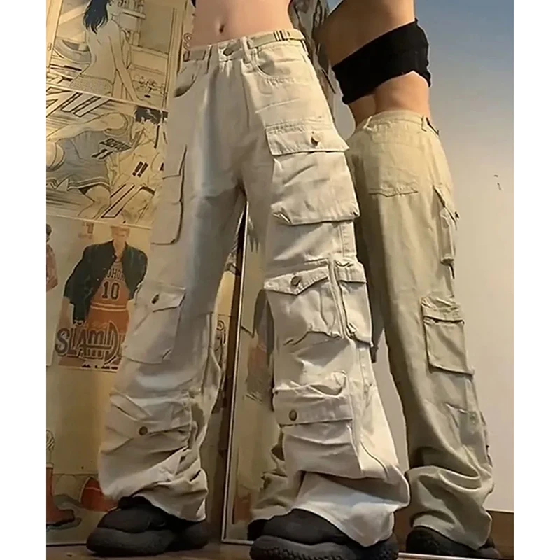 Amerikanischen Vintage Hiphop Cargo Hosen Frauen Multi Tasche Lose Faul Breite Bein Hosen Gerade Casual Straße Gothic Harajuku Hosen