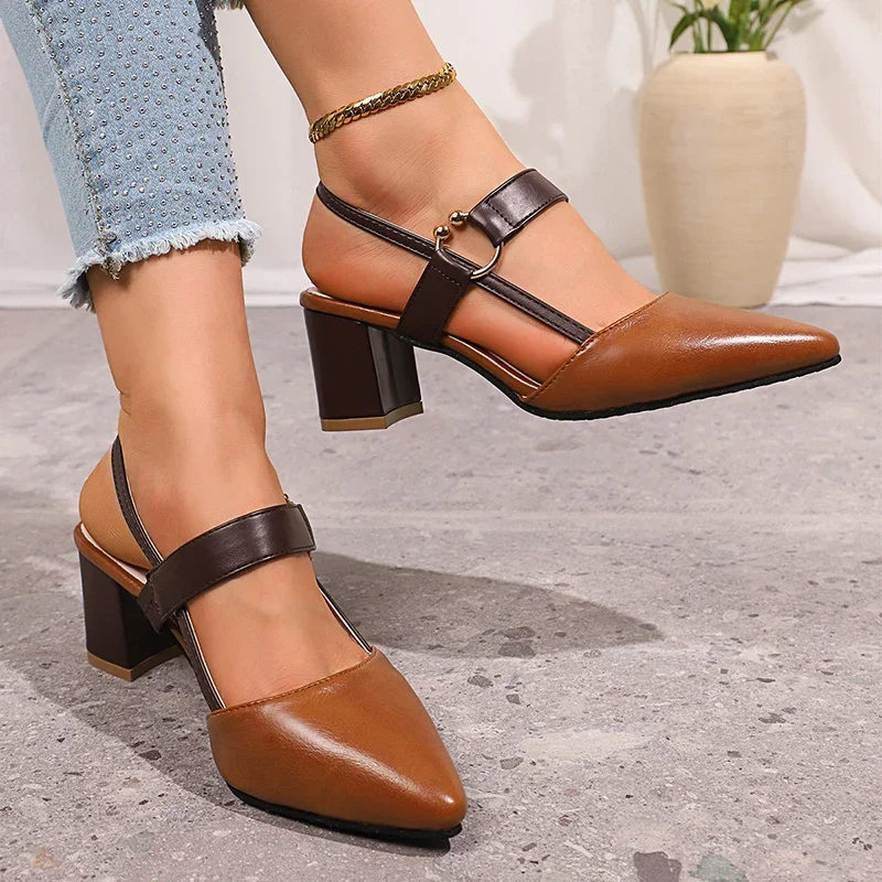Elegant Pointed Toe Chunky Heel Sandals Women Summer Slingback High Heels Pumps Woman Fashion Thick Heeled Party Dress Sandalias image 5