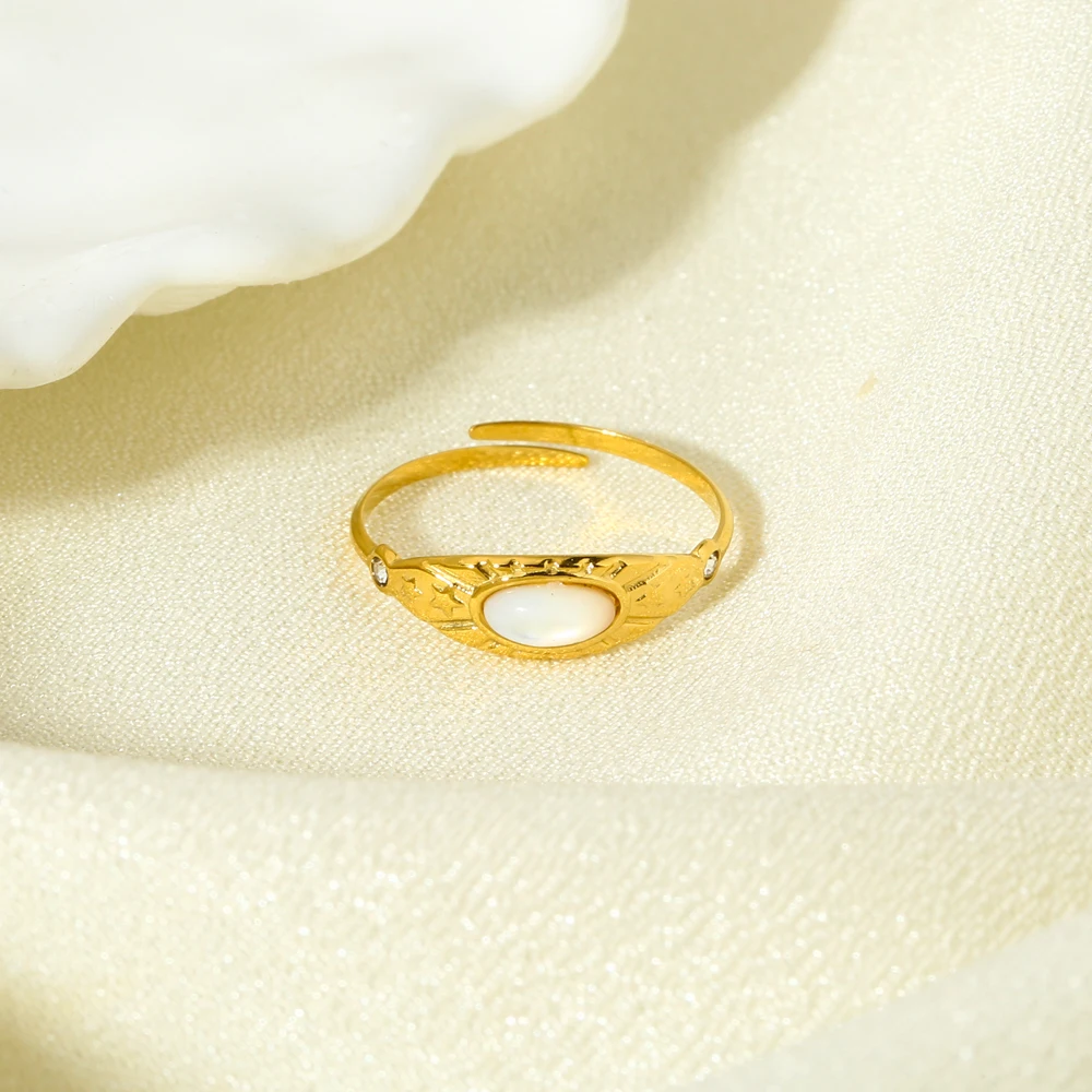 

Waterproof 16K Gold Plated Stainless Steel White Natural Stone Sun Star Design Adjustable Ring for Women Stacking Ring Gift