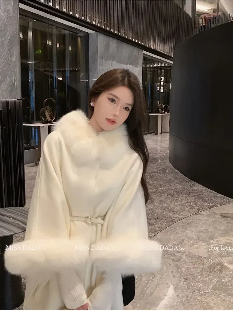 

autumn and winter new Korean version cape double-sided cashmere coat female fox fur collar shawl double-sided woolen coat