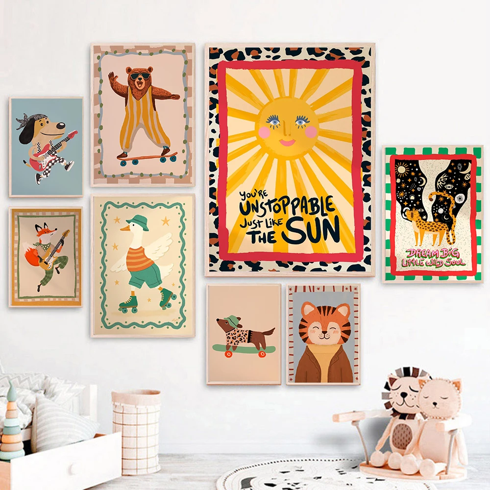 Póster con estampado de animales divertidos, perro, oso, pato, monopatín, zorro, ganso, Tigre, jungla, arte de pared, lienzo, imágenes de guardería para decoración de habitación de niños