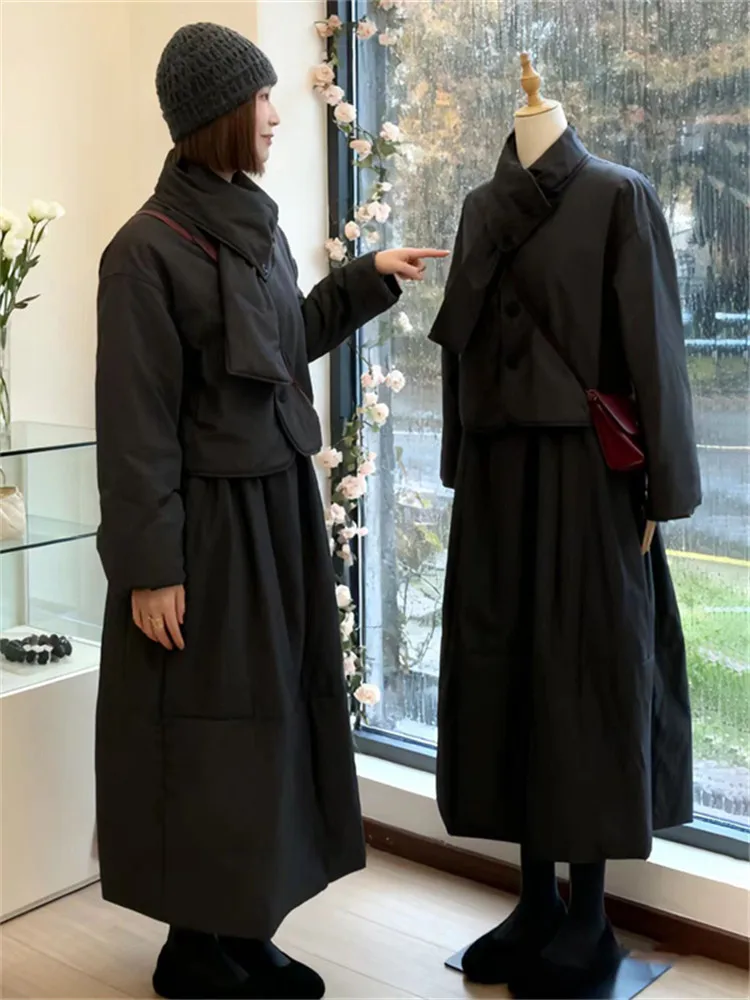 

Комплект из хлопкового костюма Ele: модный женский комплект из двух предметов для ранней осени, универсальная повседневная юбка с высокой талией и длинными рукавами