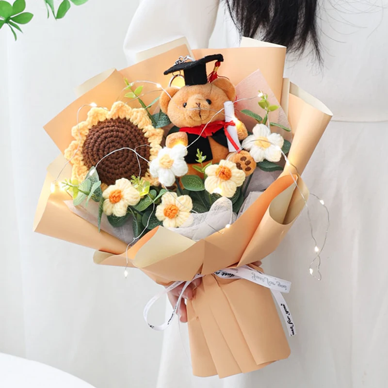 Valentine's Day Gift Crochet Flower Bouquet with Light String Graduation Flower Bouquet Artificial Flower Wedding Guest Gift 꽃다발