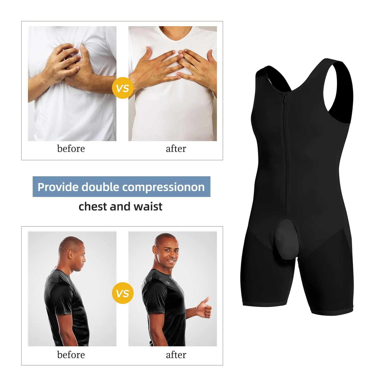 Men Shapewear Tummy Control Bodysuit Waist Trainer Slimming Full Body Shaper Fajas Compression Shirt Shorts with Pad Slim Belly