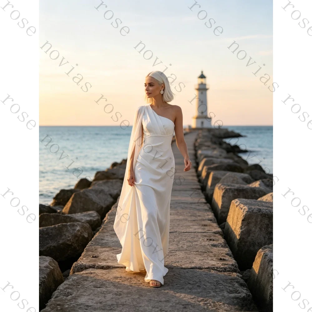 Customized One Shoulder High Waist Satin Wedding Dress with Shawl and High Waist Mermaid Bridal Gown for 2026 Beach Ceremony