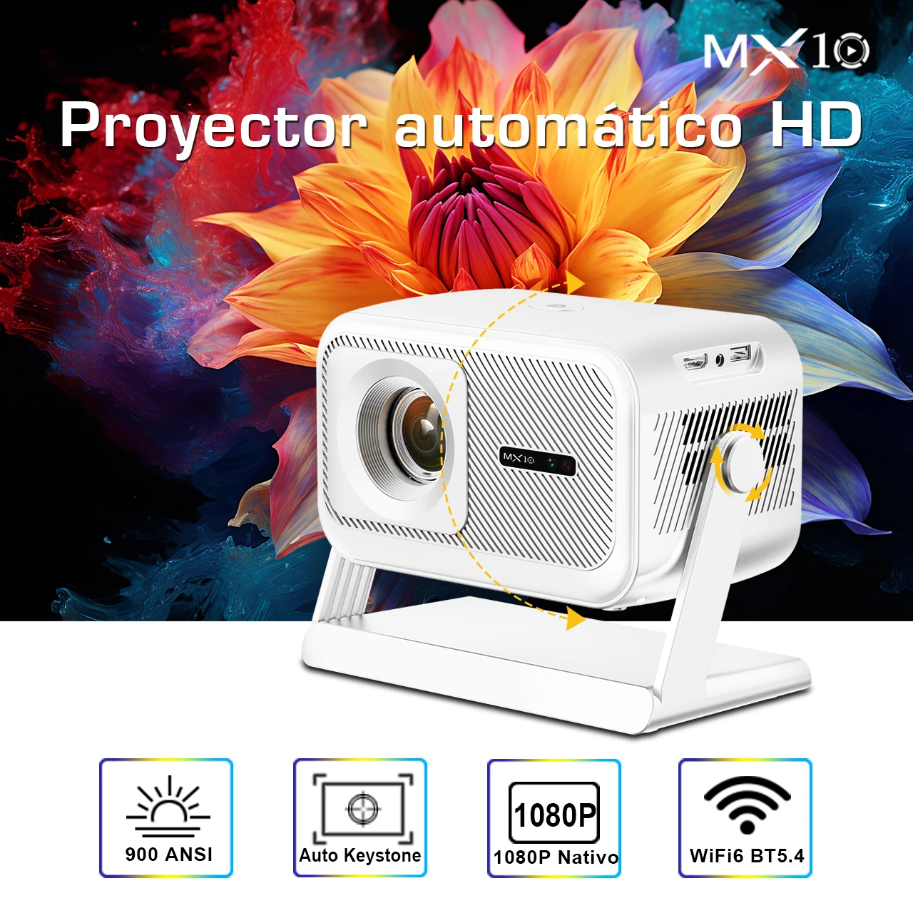 

1080P LED Projector MX10-100 300 ANSI Lumens WiFi6 BT5.4 Auto Focus 4Ω 3W Built-in speaker Home Video Projector