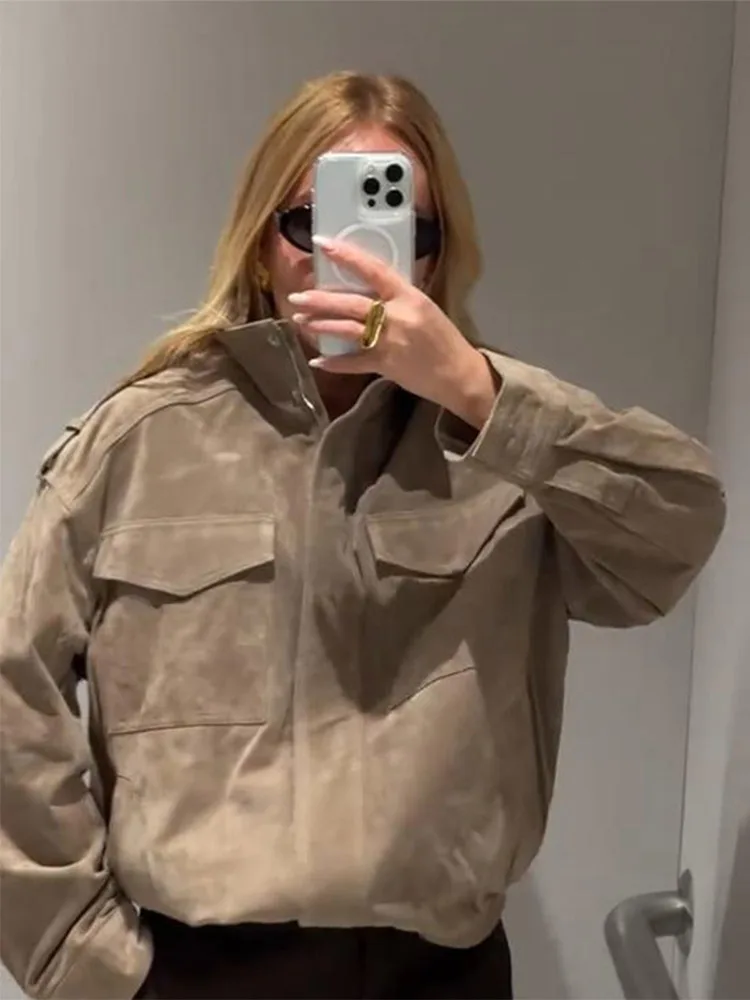 

Теплая весенняя женская куртка с длинными рукавами, карманами и отложным воротником, стильная винтажная уличная мода 2025